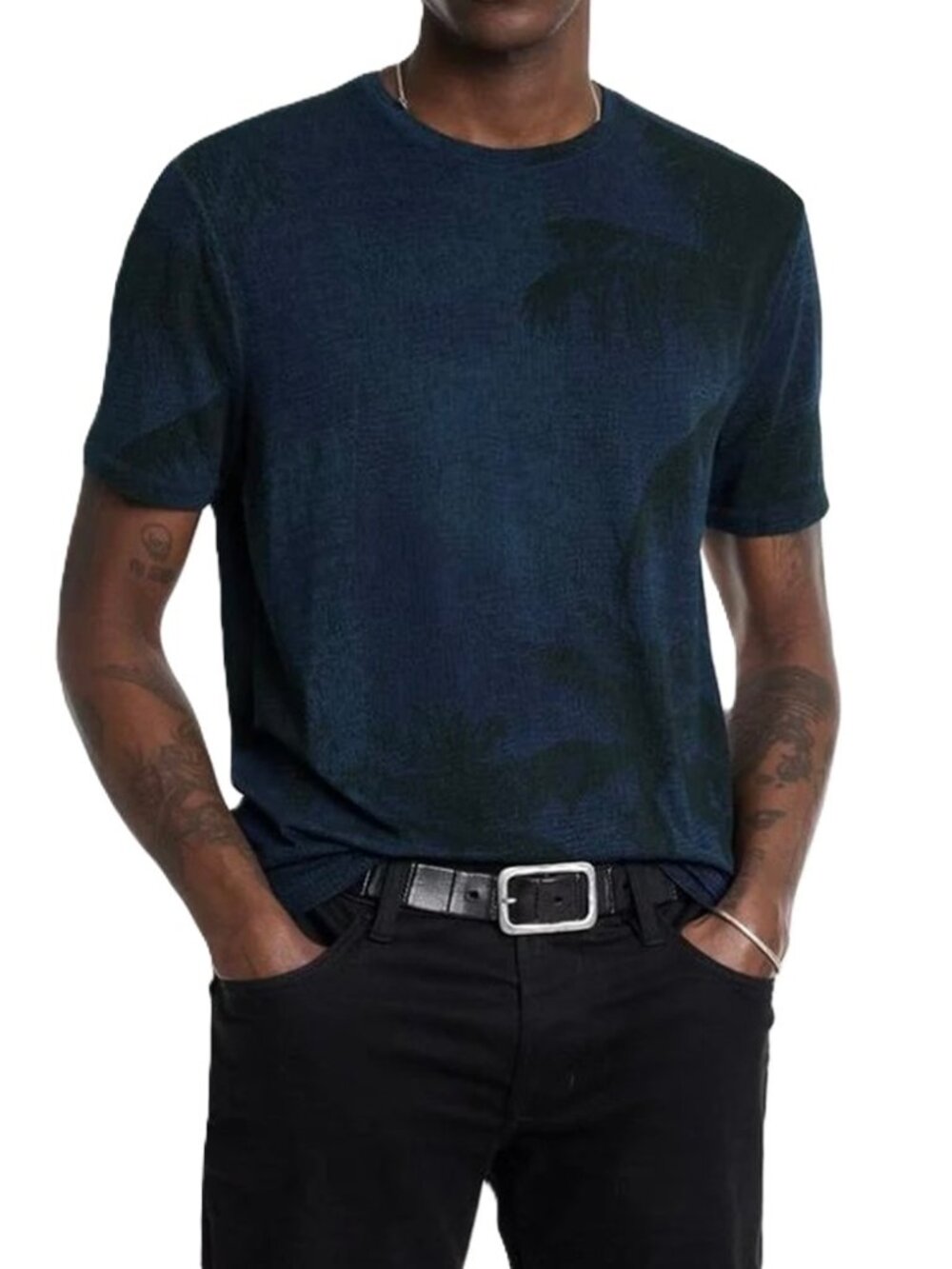 John Varvatos Gobi Palm Burnout Pickstitch Crew Tee Mens Navy Blue XL NWT 148